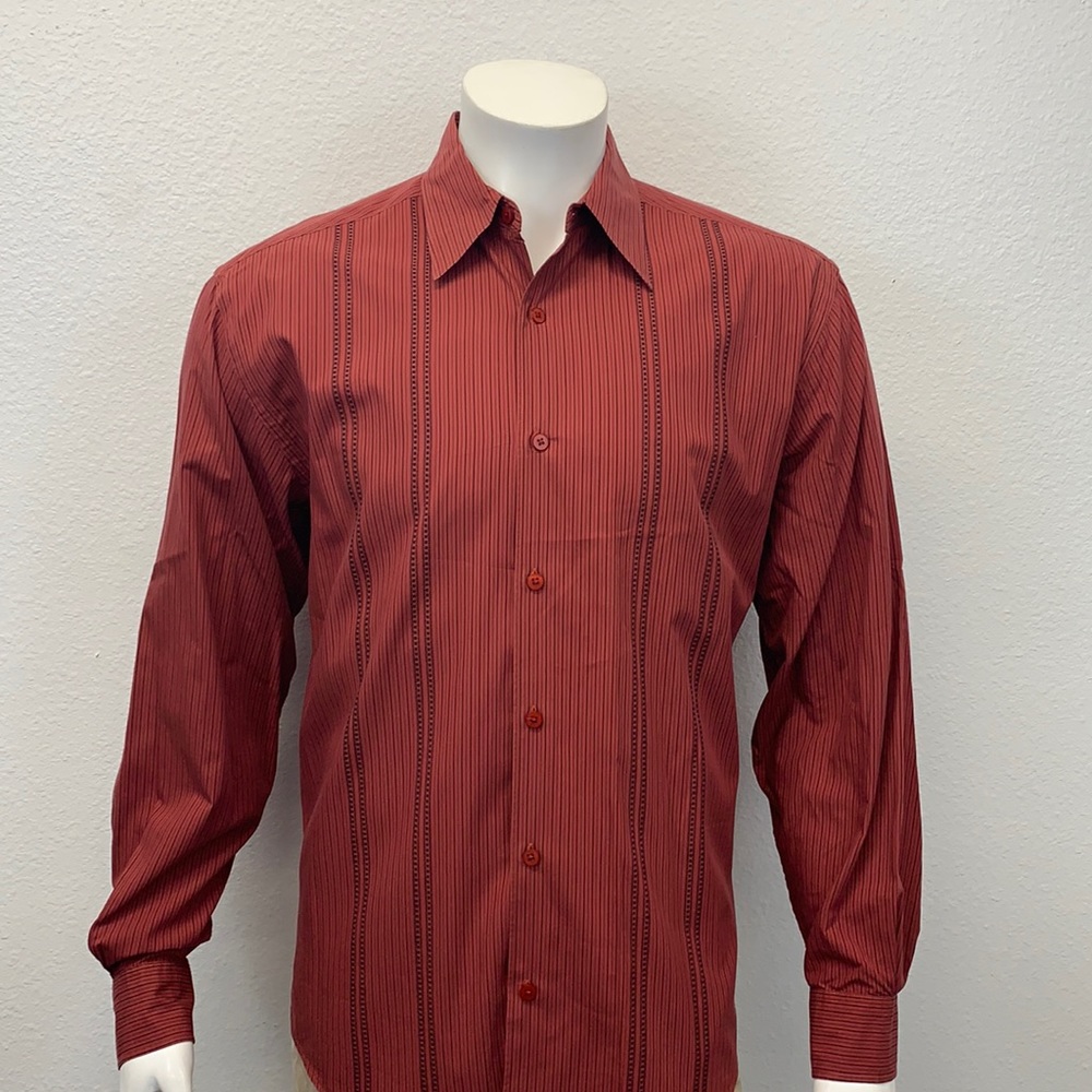 Centro Red Guayabera Striped Stitched Dress Shirt